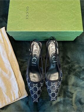 Gucci GG Rhinestone Monogram Black Embellished Slingback Pumps Size 40.5